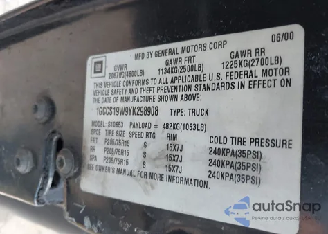 2000 Chevrolet S-10 из США, поврежденный, VIN 1GCCS19W9YK298908